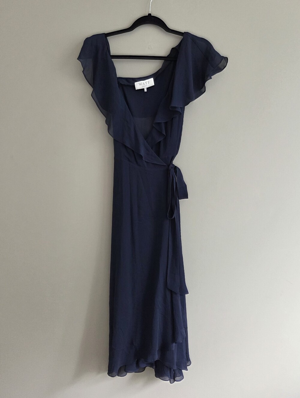 WAYF Women's V-neck Wrap Midi Cocktail Flutter Chiffon Dress Navy Blue Size S - Picture 3 of 8